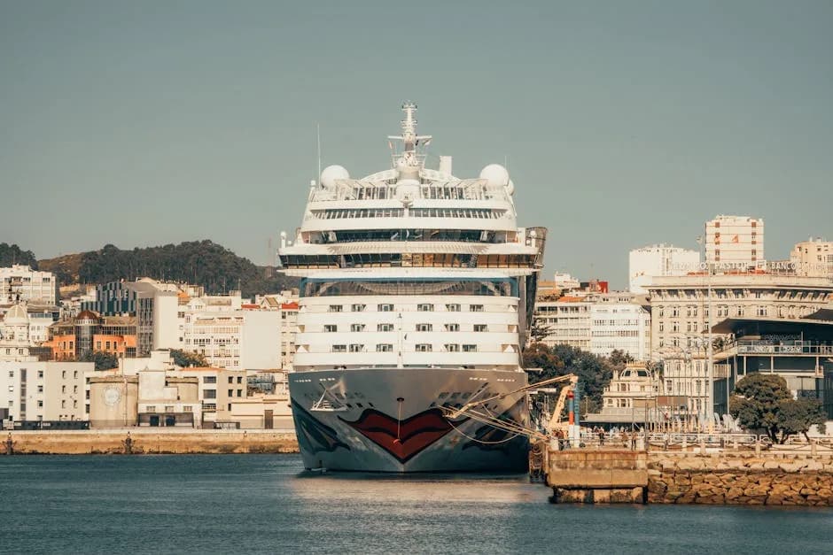Cruise ship docked at a scenic Mediterranean port with travelers using phones