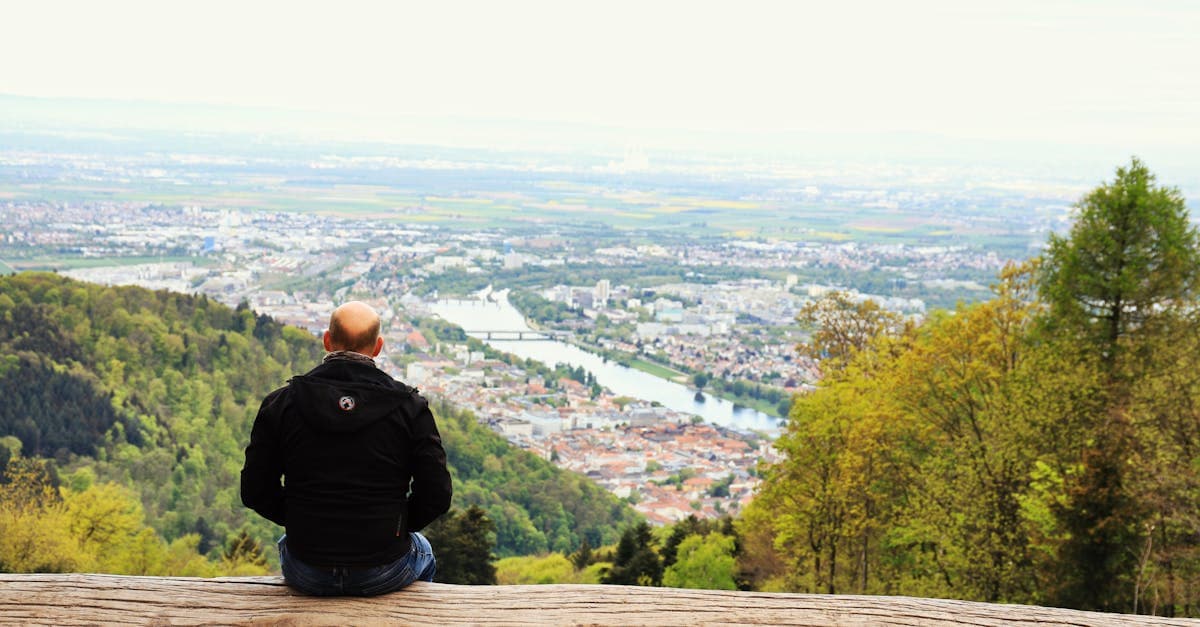 Mann beim Alleinreisen genießt Panoramablick über Heidelberg von bewaldeter Bergspitze aus