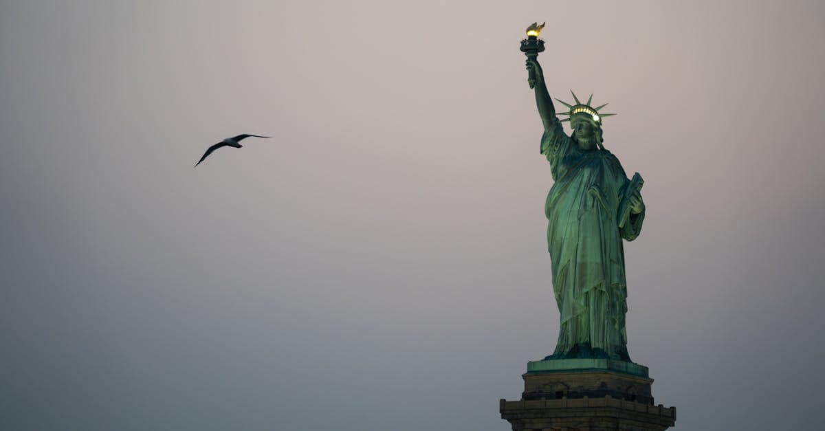 Majestic Statue of Liberty illuminated at dusk with a bird soaring nearby.