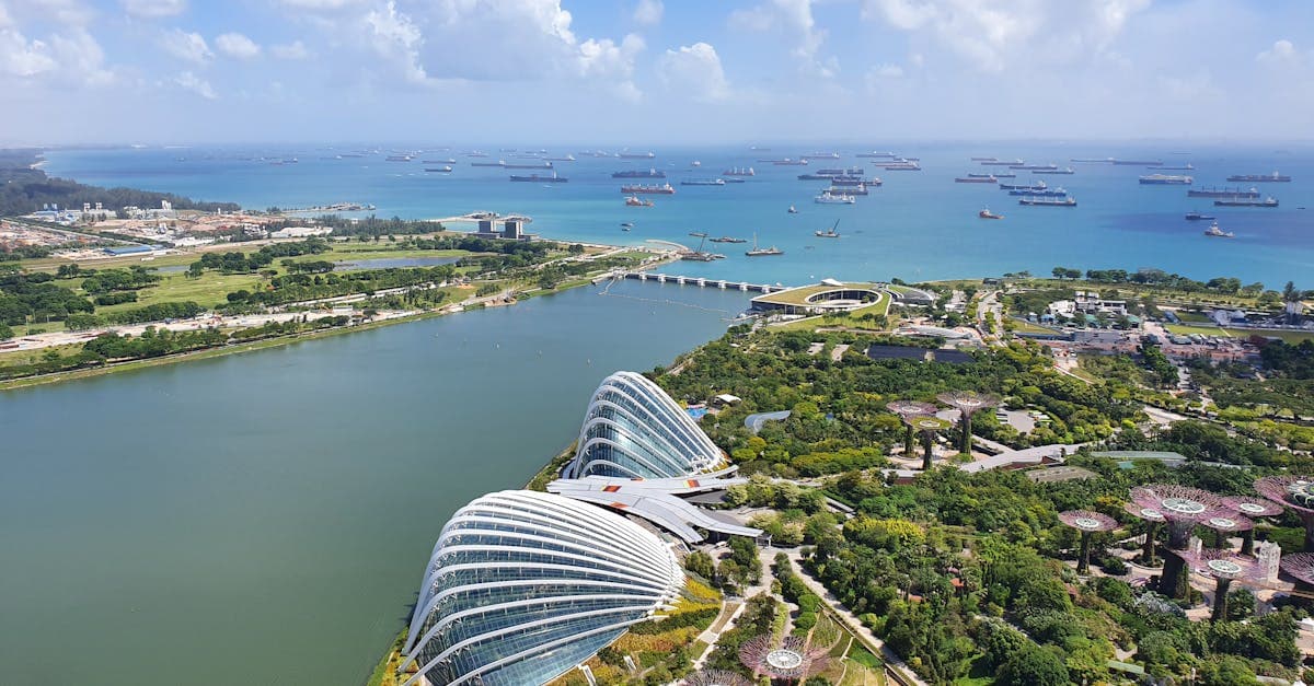 Aerial view of Gardens by the Bay and Marina Bay Sands, departure hub for the cheapest routes from Singapore.