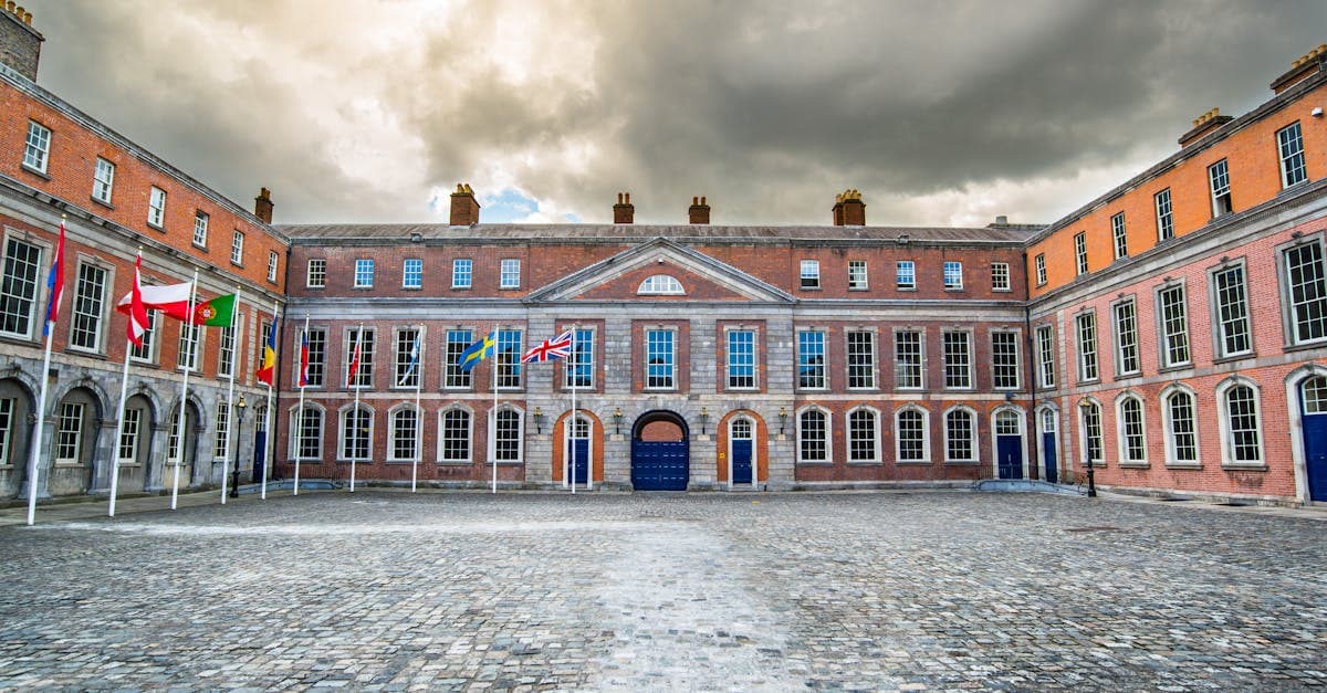 Dublin Castle's historic courtyard and flags under a moody sky near the city centre