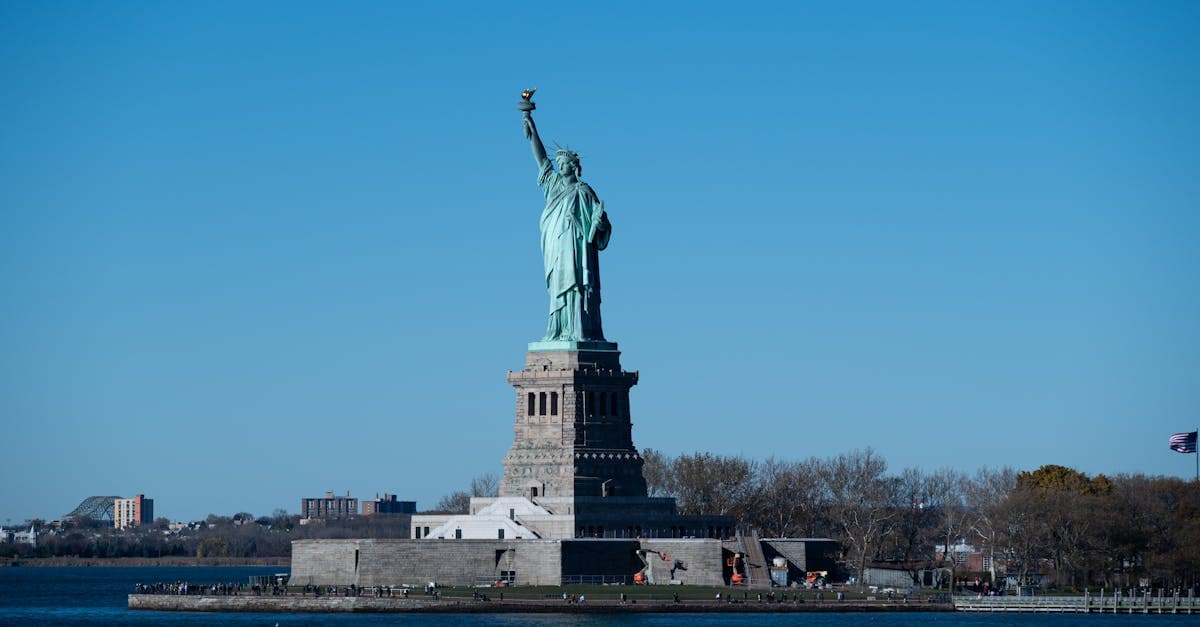 Iconic Statue of Liberty on Liberty Island with a clear blue sky in New York City.