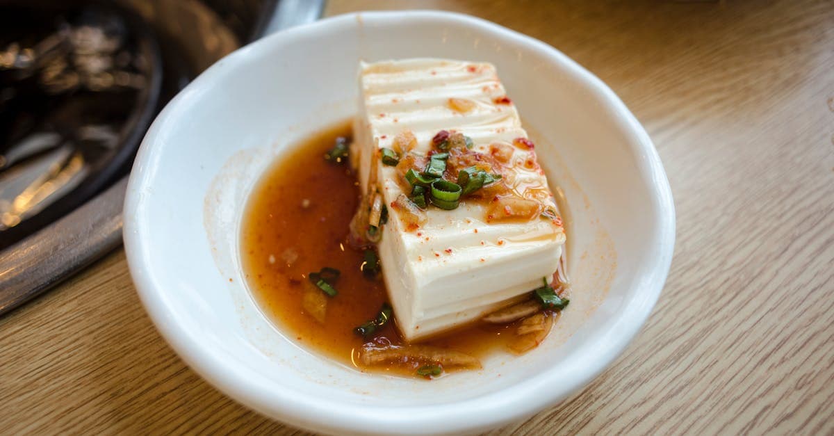 Tofu in salsa piccante con cipollotti verdi, piatto vegano della cucina shojin ryori giapponese
