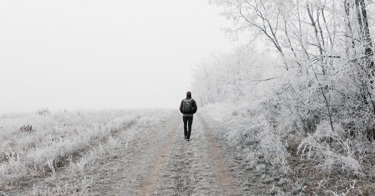 Lone hiker on a frosty winter trail, dressed for cold and stormy Irish weather