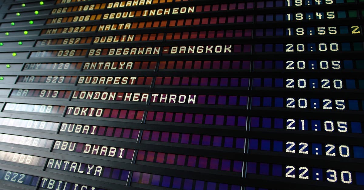 Retro airport departure board showing international flights, key travel checklist verification before departure.
