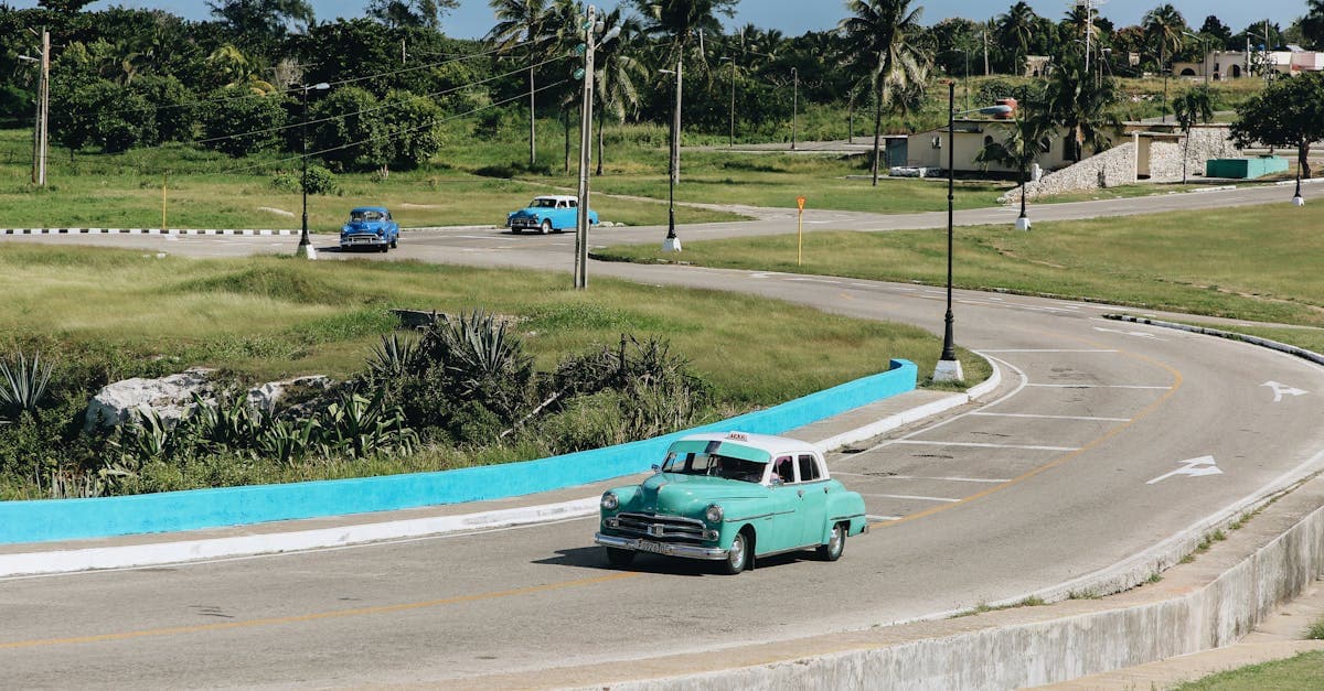 Voitures classiques cubaines sur une route bordée de palmiers, paysage typique d'un voyage à Cuba pas cher