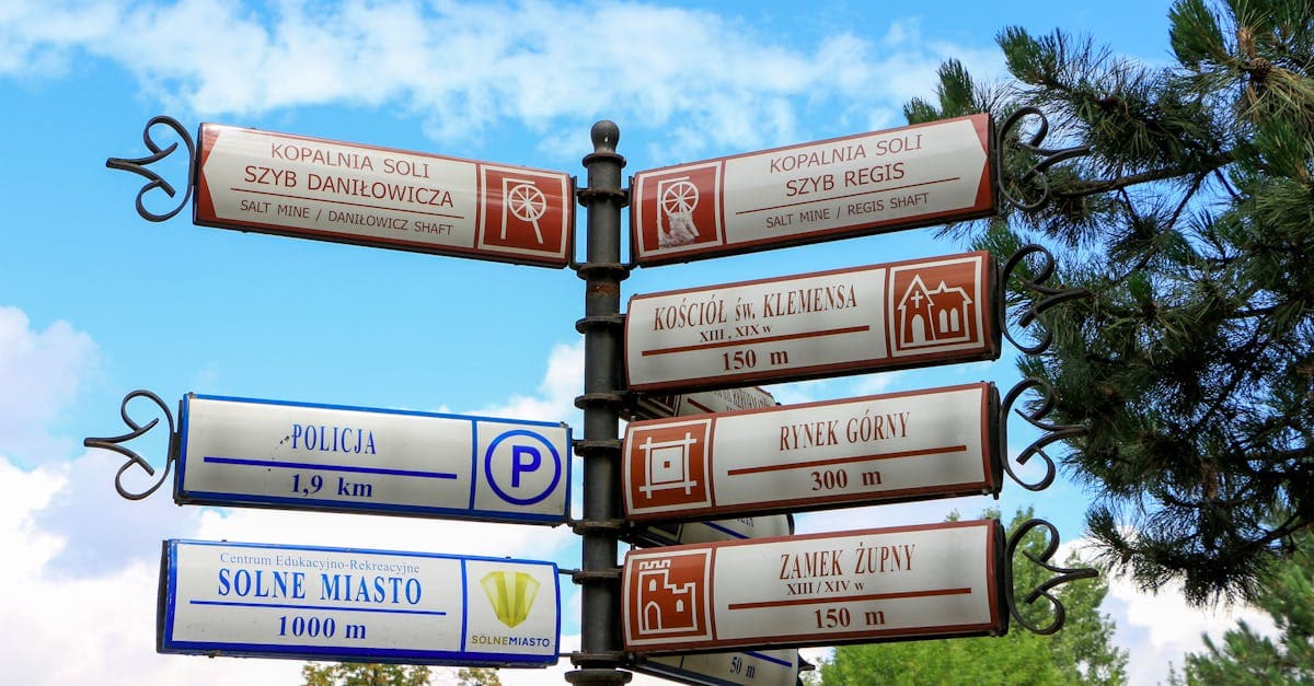 Cartello stradale a Wieliczka in Polonia, guida visiva per chi vuole imparare a viaggiare da soli.