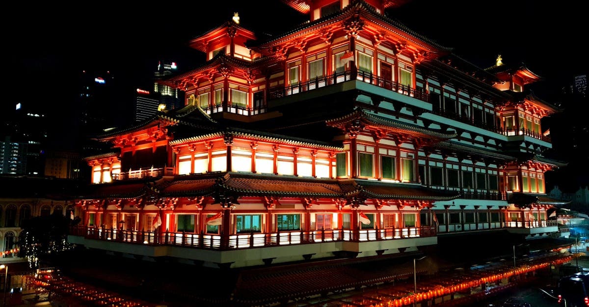 Illuminated Buddha Tooth Relic Temple at night near halal and vegetarian food options in Singapore's Chinatown