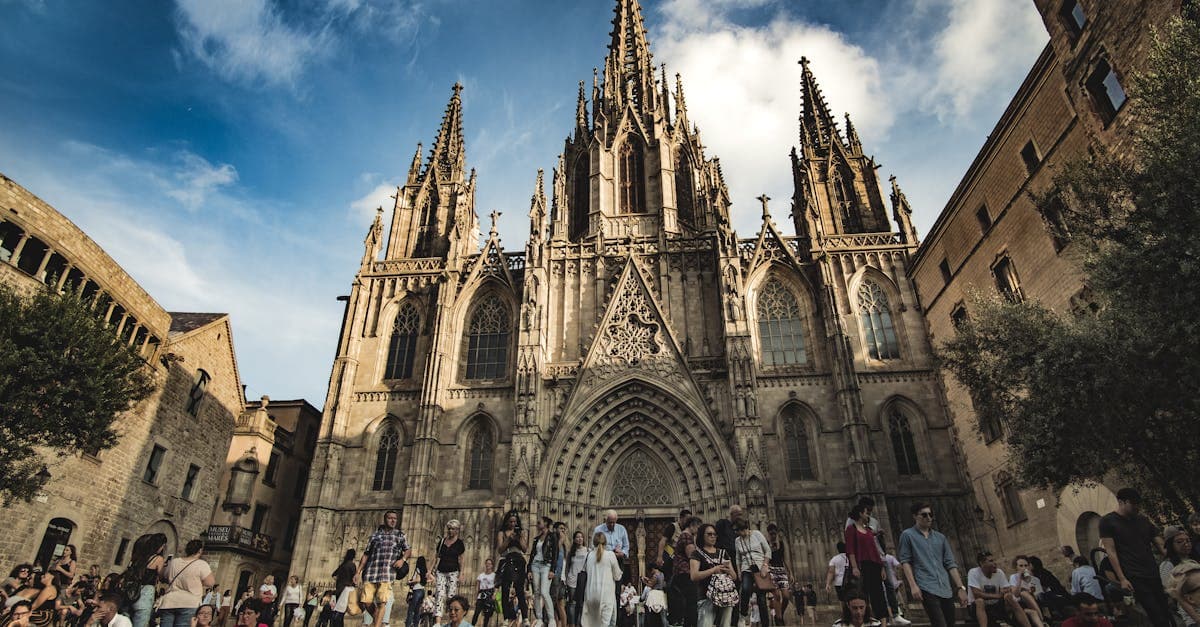 Reizigers bewonderen de gotische gevel van de Kathedraal van Barcelona op een levendig plein.