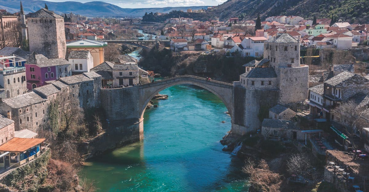 Aerial view of Mostar's historic bridge and cityscape in Bosnia and Herzegovina among the cheapest countries to visit.