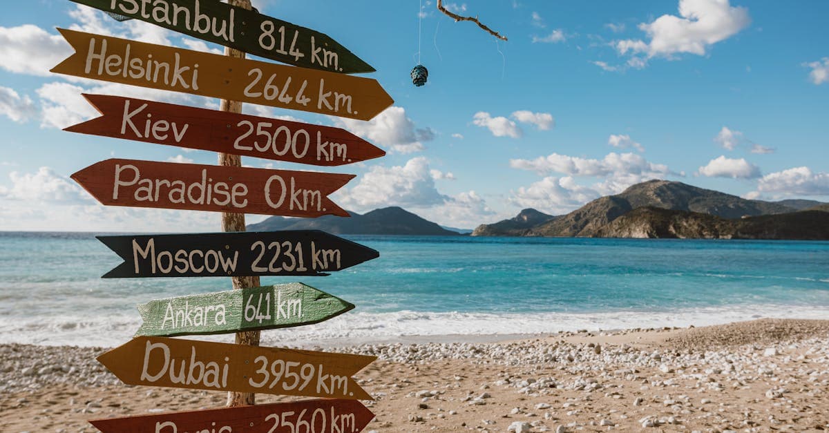 Kleurrijke wegwijzer op tropisch strand wijst naar populaire goedkope vakantie bestemmingen in Azië en Oost-Europa.