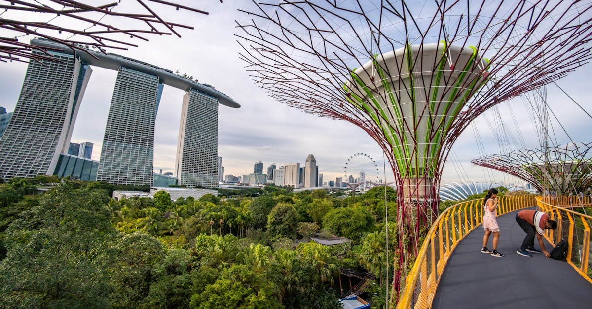 Visitors strolling along a walkway with Marina Bay Sands and Supertree Grove, staying connected with a travel eSIM.