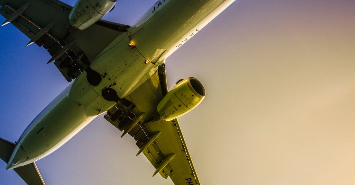 Dynamic capture of an airplane flying overhead, highlighted against a sunset sky.