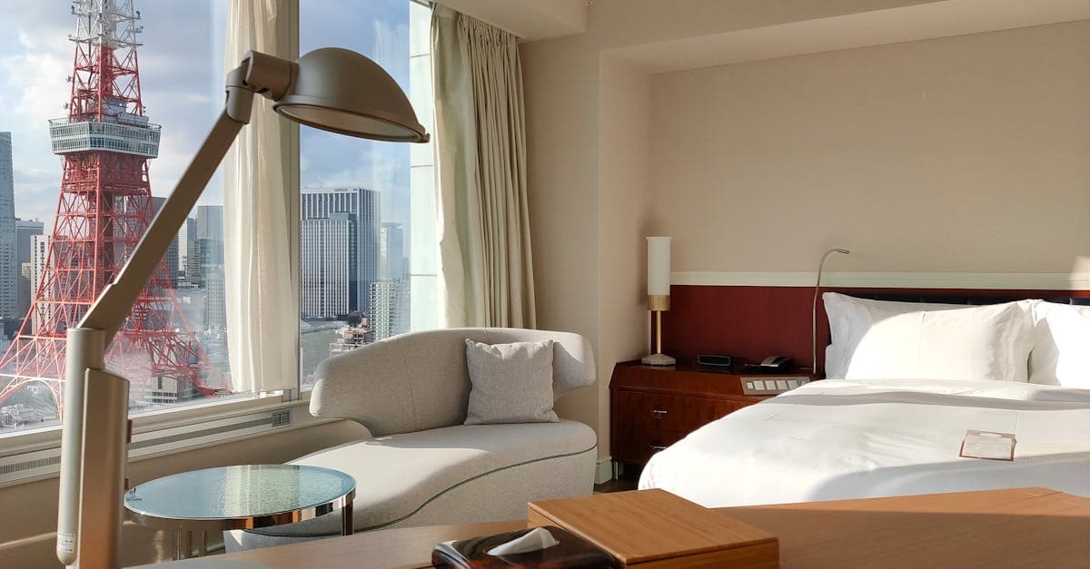 Stylish hotel room in Minato City, Tokyo with a panoramic view of the iconic Tokyo Tower