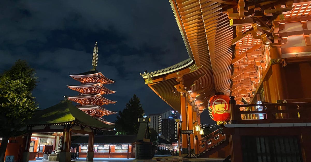 Senso-ji Temple and pagoda illuminated at night in Tokyo, covered by Hello Roam's eSIM Japan plans