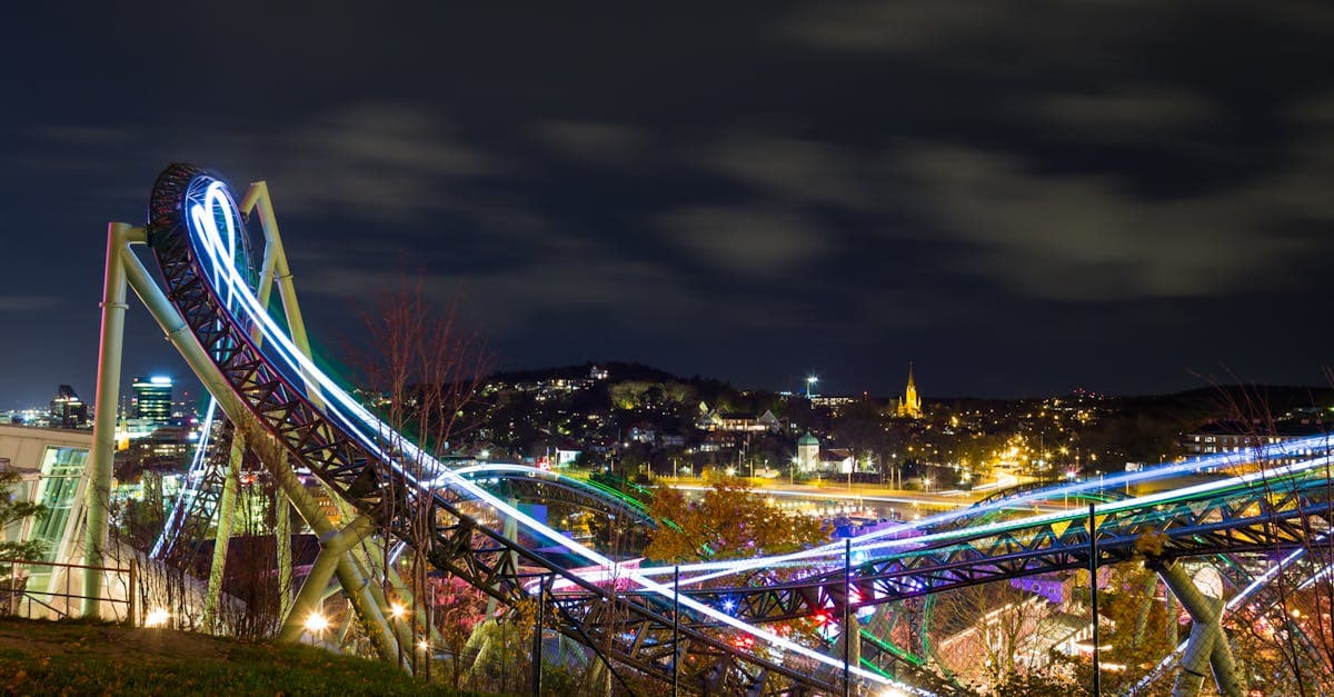 Långtidsexponering av Lisebergs berg-och-dalbana och stadsljus i Göteborg på natten