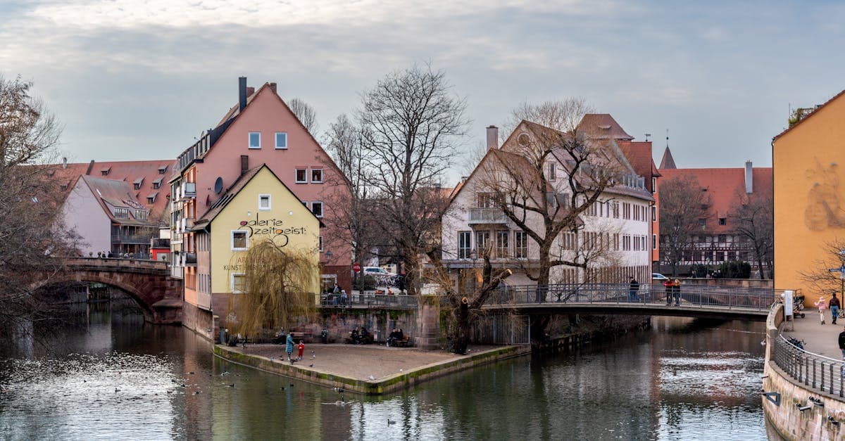 Charming riverfront view of historic Nuremberg architecture with serene waters and winter ambiance.