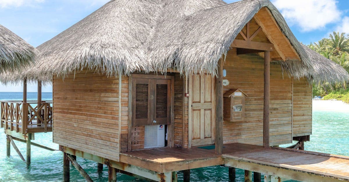 Bungalow sull'acqua con tetto in paglia immerso nella natura tropicale di un'isola delle Maldive