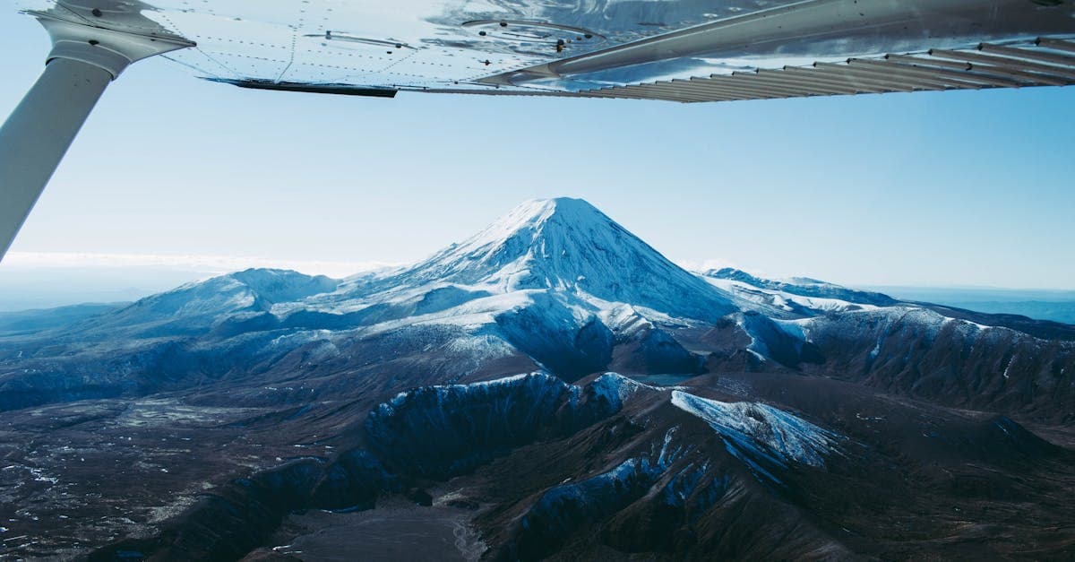 Aerial view of snow-capped Mount Ngauruhoe, a must-see when booking budget flights New Zealand deals