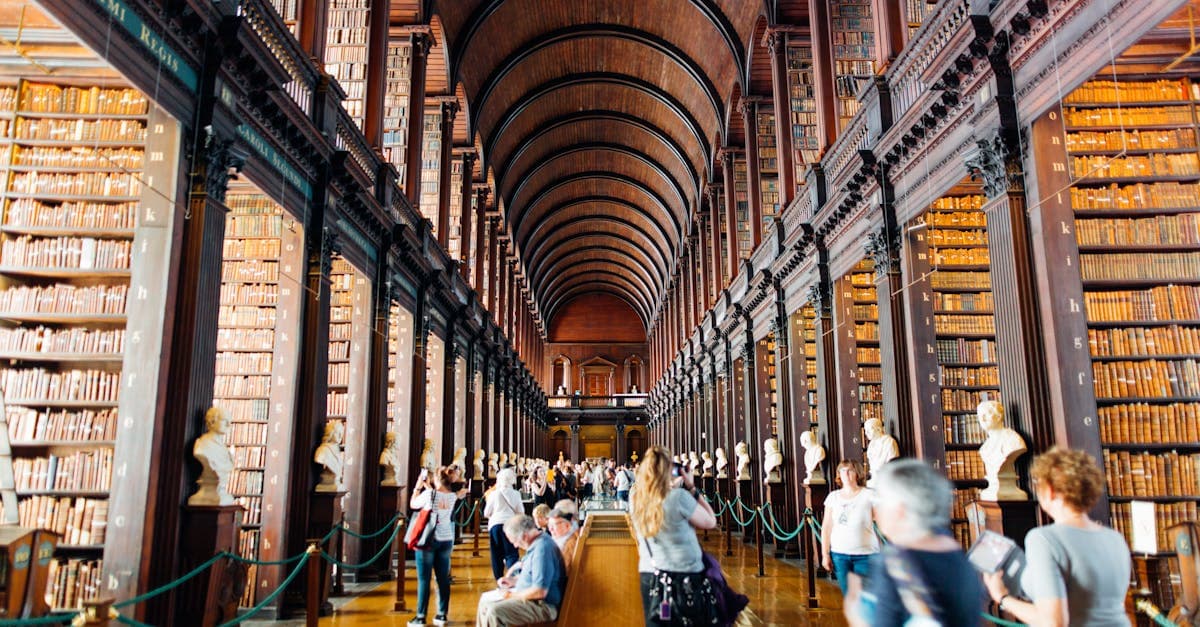 Grand library hall with soaring bookshelves, representing the knowledge needed to choose the right esim ireland plan.